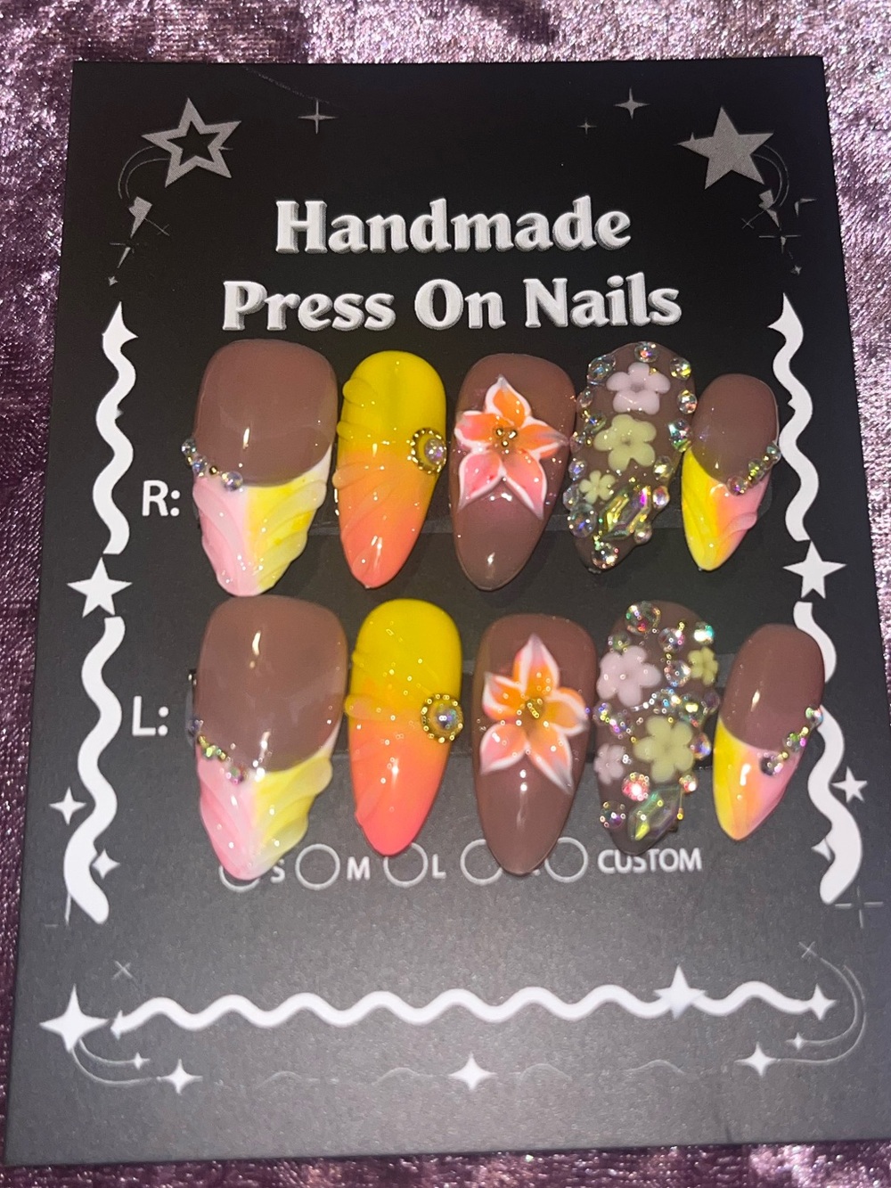 Handmade Press On Nails - Brown, Yellow, Pink Floral Accent